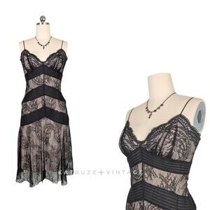 Bcbg Lace Silk Midi Dress 10 Black Tan Y2K Silk Babydoll Illusion Guest Cocktail